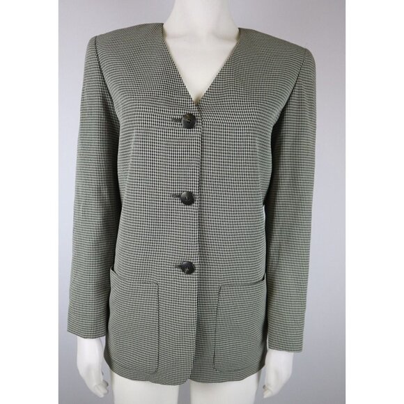 VINTAGE LIZ CLAIBORNE - WOMEN'S BLACK AND BEIGE PLAID BLAZER JACKET - SIZE 2P - Picture 1 of 13